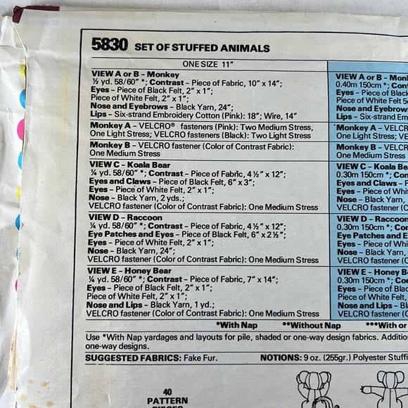 McCalls 5830 UNCUT Monkey Koala Bear Raccoon Honey Bear Sewing Pattern - Picture 3 of 4